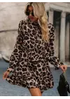 Kadın Uzun Kollu Yakadan Bağcıklı Modal Leopar Desenli Mini Elbise