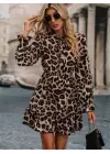 Kadın Uzun Kollu Yakadan Bağcıklı Modal Leopar Desenli Mini Elbise