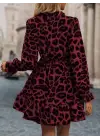 Kadın Uzun Kollu Yakadan Bağcıklı Modal Leopar Desenli Mini Elbise