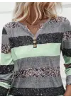 Kadın Uzun Kollu Yakadan Düğmeli çizgili Desenli Süprem Bluz