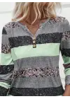 Kadın Uzun Kollu Yakadan Düğmeli çizgili Desenli Süprem Bluz