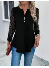 Kadın Uzun Kollu Yakadan Düğmeli Kolları Tül Detaylı Viskon Bluz