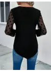Kadın Uzun Kollu Yakadan Düğmeli Kolları Tül Detaylı Viskon Bluz