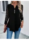 Kadın Uzun Kollu Yakadan Düğmeli Kolları Tül Detaylı Viskon Bluz