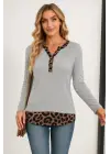 Kadın Uzun Kollu Yakadan Düğmeli Leopar Detaylı Kaşkorse Bluz
