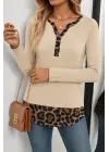 Kadın Uzun Kollu Yakadan Düğmeli Leopar Detaylı Kaşkorse Bluz