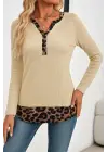 Kadın Uzun Kollu Yakadan Düğmeli Leopar Detaylı Kaşkorse Bluz