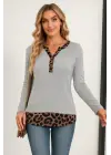Kadın Uzun Kollu Yakadan Düğmeli Leopar Detaylı Kaşkorse Bluz