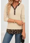 Kadın Uzun Kollu Yakadan Düğmeli Leopar Detaylı Kaşkorse Bluz
