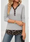 Kadın Uzun Kollu Yakadan Düğmeli Leopar Detaylı Kaşkorse Bluz
