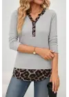 Kadın Uzun Kollu Yakadan Düğmeli Leopar Detaylı Kaşkorse Bluz