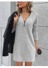 Kadın Uzun Kollu Yakadan Fermuarlı Kısa şardonlu Kaşkorse Elbise
