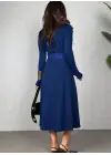 Kadın Uzun Kollu Yakalı Belden Deri Detaylı Kuşaklı Yırtmaçlı Midi Viskon Iki Iplik Elbise