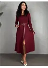 Kadın Uzun Kollu Yakalı Belden Deri Detaylı Kuşaklı Yırtmaçlı Midi Viskon Iki Iplik Elbise