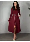 Kadın Uzun Kollu Yakalı Belden Deri Detaylı Kuşaklı Yırtmaçlı Midi Viskon Iki Iplik Elbise