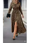 Kadın Uzun Kollu Yakalı Belden Kuşaklı Leopar Desenli Modal Uzun Elbise