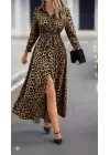 Kadın Uzun Kollu Yakalı Belden Kuşaklı Leopar Desenli Modal Uzun Elbise