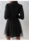 Kadın Uzun Kollu Yakalı Belinde Kemer Detaylı Mini Tüllü Ithal Krep Elbise