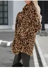 Kadın Uzun Kollu Yakalı Cepli Kısa Peluş Leopar Kaban