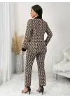 Kadın Uzun Kollu Yakalı Desenli Dalgıç Ceket Bluz Ve Pantolon üçlü Takım