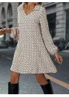 Kadın Uzun Kollu Yakalı Desenli Mini Modal Elbise