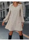 Kadın Uzun Kollu Yakalı Desenli Mini Modal Elbise