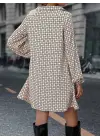 Kadın Uzun Kollu Yakalı Desenli Mini Modal Elbise