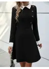 Kadın Uzun Kollu Yakalı Düğmeli Kısa Modal Mini Elbise