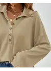 Kadın Uzun Kollu Yakalı Düğmeli Salaş Waffle Bluz