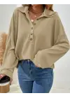 Kadın Uzun Kollu Yakalı Düğmeli Salaş Waffle Bluz