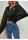 Kadın Uzun Kollu Yakalı Düğmeli Salaş Waffle Bluz
