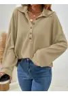 Kadın Uzun Kollu Yakalı Düğmeli Salaş Waffle Bluz
