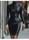 Kadın Uzun Kollu Yakalı Fermuarlı Mini Deri Elbise