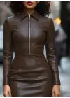 Kadın Uzun Kollu Yakalı Fermuarlı Mini Deri Elbise