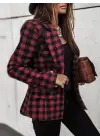 Kadın Uzun Kollu Yakalı Kare Desenli Ekoseli Düğmeli Ceket