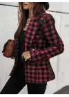 Kadın Uzun Kollu Yakalı Kare Desenli Ekoseli Düğmeli Ceket