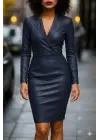 Kadın Uzun Kollu Yakalı Mini Deri Elbise