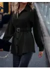 Kadın Uzun Kollu Yakalı önden Düğmeli Belden Kemerli Ithal Krep Bluz