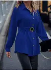 Kadın Uzun Kollu Yakalı önden Düğmeli Belden Kemerli Ithal Krep Bluz