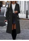 Kadın Uzun Kollu Yakalı önden Düğmeli Beli Kuşaklı Midi Gabardin Trençkot
