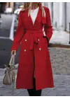 Kadın Uzun Kollu Yakalı önden Düğmeli Beli Kuşaklı Midi Gabardin Trençkot