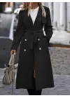Kadın Uzun Kollu Yakalı önden Düğmeli Beli Kuşaklı Midi Gabardin Trençkot