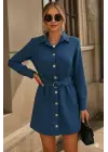 Kadın Uzun Kollu Yakalı önden Düğmeli Beli Kuşaklı Mini Ithal Keten Elbise