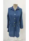 Kadın Uzun Kollu Yakalı önden Düğmeli Beli Kuşaklı Mini Ithal Keten Elbise