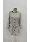 Kadın Uzun Kollu Yakalı önden Düğmeli Beli Kuşaklı Mini Ithal Keten Elbise