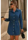 Kadın Uzun Kollu Yakalı önden Düğmeli Beli Kuşaklı Mini Ithal Keten Elbise
