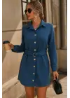Kadın Uzun Kollu Yakalı önden Düğmeli Beli Kuşaklı Mini Ithal Keten Elbise