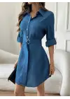 Kadın Uzun Kollu Yakalı önden Düğmeli Beli Kuşaklı Mini Ithal Keten Elbise