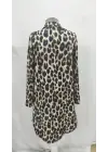 Kadın Uzun Kollu Yakalı önden Düğmeli Leopar Desenli Modal Midi Elbise