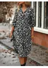 Kadın Uzun Kollu Yakalı önden Düğmeli Leopar Desenli Modal Midi Elbise